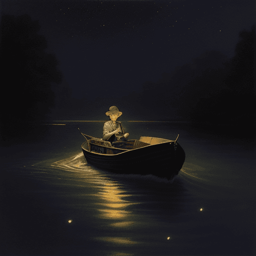 AI generated: A painting of someone alone, into a boat down the river when is dark but 
he at least can see firefl...