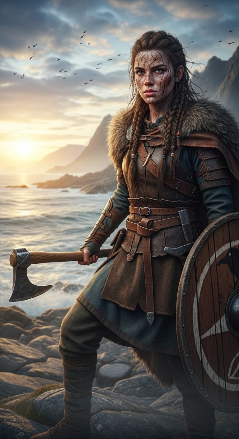 AI generated: Young female viking warrior