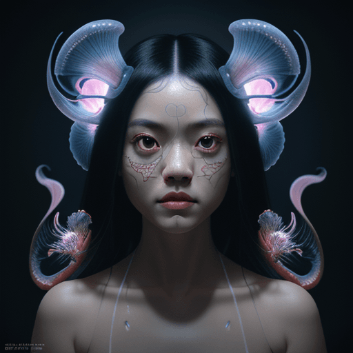 AI generated: Japanese chin dog close-up ,portrait . jellyfish phoenix head, nautilus, orchid, skull, betta fish, ...