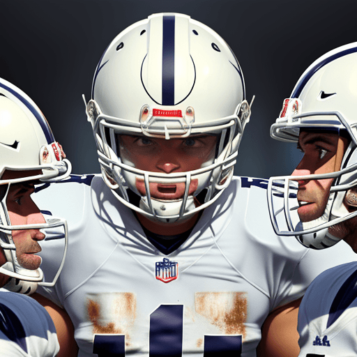 AI generated: panoramic image of American football players, wearing white helmets, looking straight into the camer...