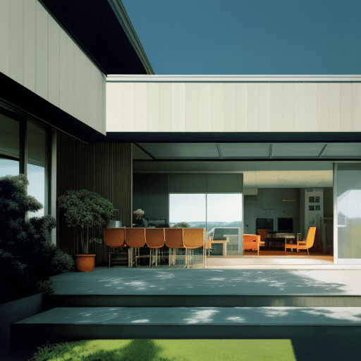 AI generated: Hyper realistic eye level exterior photo of a mid century modern style house overlooking the ocean, ...