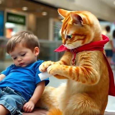 AI generated video: Cat apply bandages to kids injury 