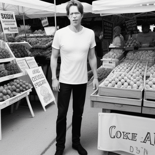 AI generated: Full body black and white drawing 
of Kevin Bacon at the Farmer's Market holding a pineapple
