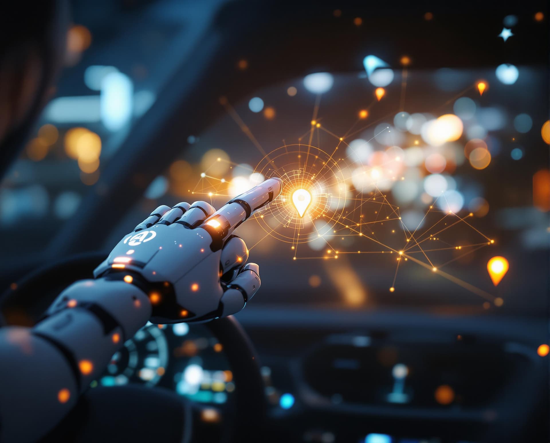 AI generated: AI robot finger driver pointing to car windshield and a glowing location map network connection. Con...