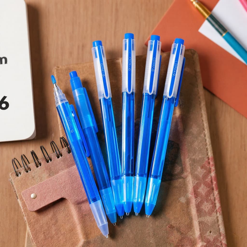 AI generated: draw ONLY blue gel pens 5pcs of office space brand with transparent body