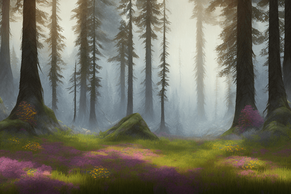 AI generated: pacific northwest, forest, wildflowers, raining, unreal engine, watercolor, epic dreamlike fantasy l...