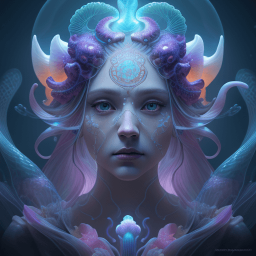 AI generated: Goddess close-up portrait ribcagel. jellyfish phoenix head, nautilus, orchid, skull, betta fish, bio...