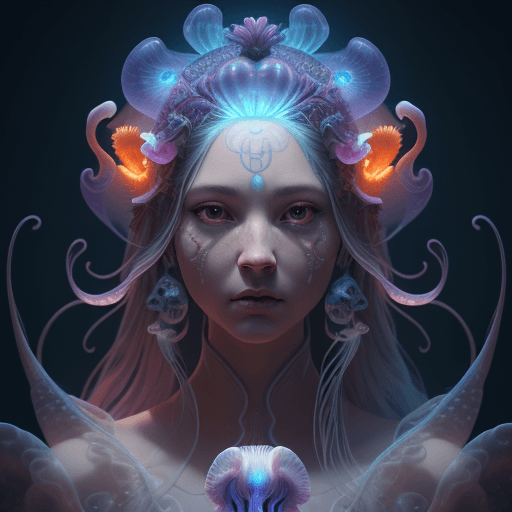 AI generated: Goddess close-up portrait ribcagel. jellyfish phoenix head, nautilus, orchid, skull, betta fish, bio...