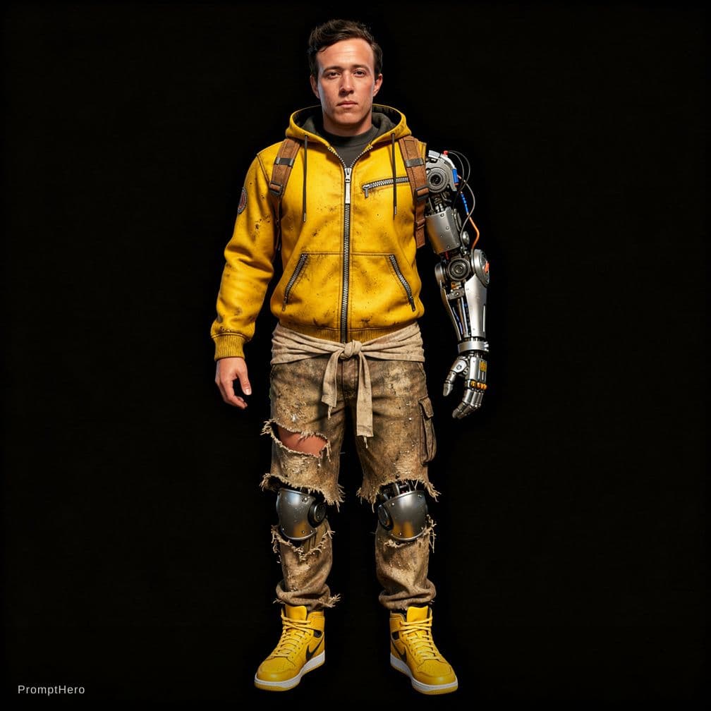 AI generated: futuristic character blending advanced technology with traditional, rugged clothing. The black backg...