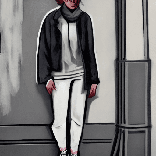 AI generated: Female, 28-31 years old, gray jacket, sneakers, fitted pants, mangata color scarf.  Lifestyle: noisy...