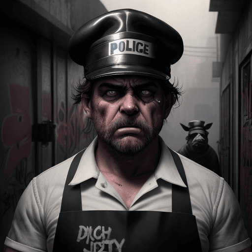 AI generated: A butcher with a dirty apron and a butcher knife, wearing a police officer hat, angry look on his fa...
