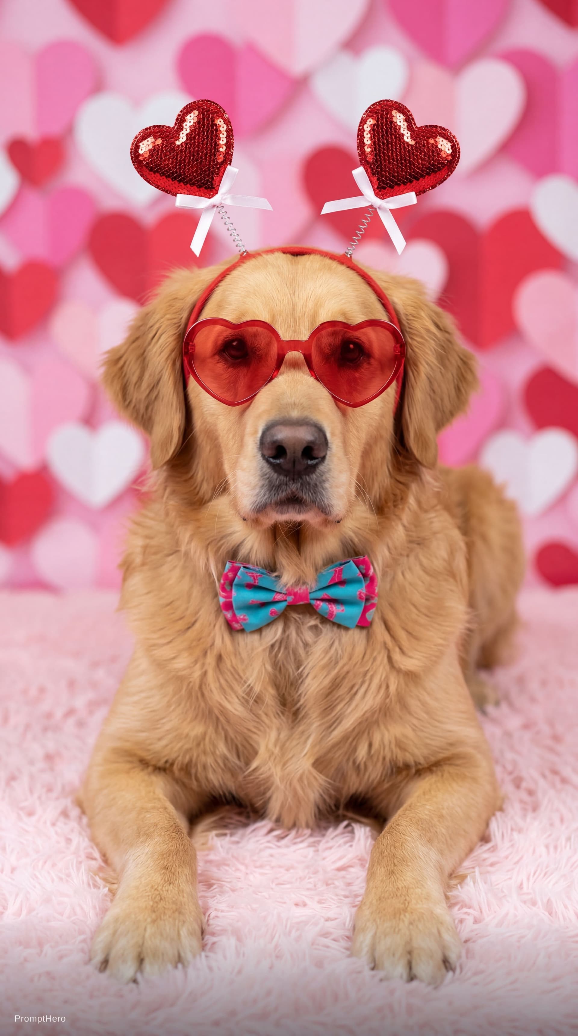 AI generated: Ultra realistic pet portrait photoshoot, playful Valentine’s Day themed studio setup, vibrant pink c...