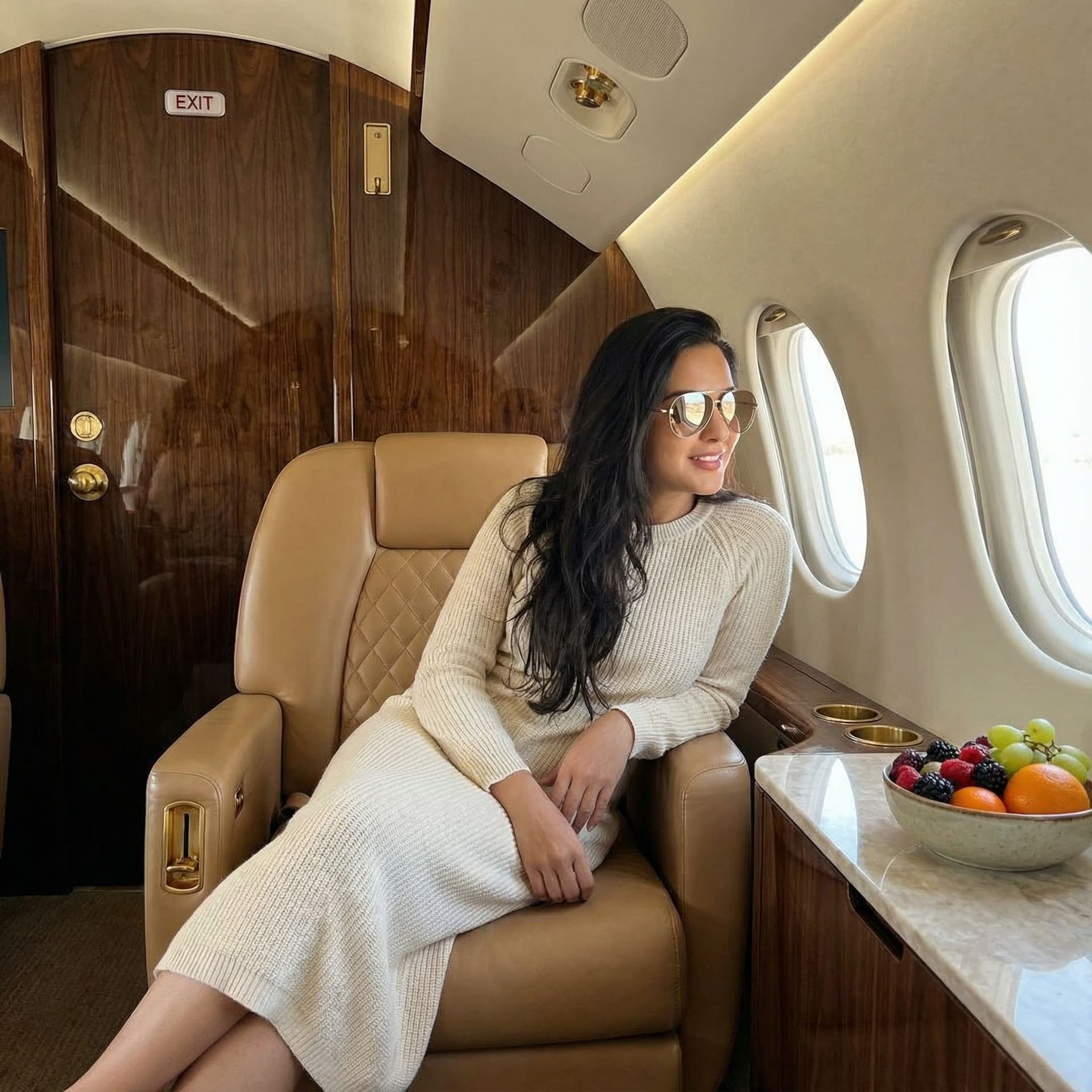 AI generated: A stylish woman with long dark hair, wearing a white textured dress and large reflective sunglasses,...