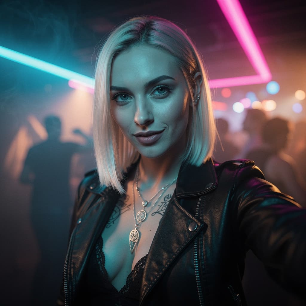 AI generated: A photorealistic selfie-style portrait of a mysterious 30-year-old woman with platinum blonde hair a...