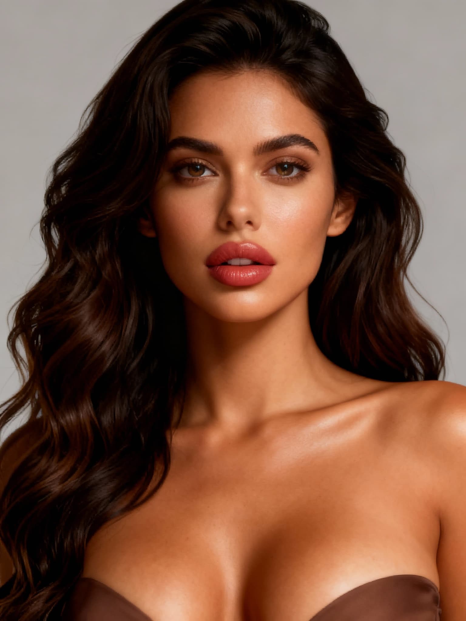 AI generated: Ultra-realistic sensual portrait of a stunning brunette woman with long wavy hair, perfect tanned sk...