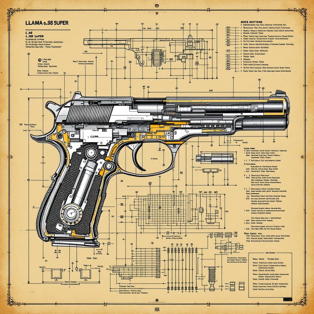 AI generated: a llama .38 super hand gun schematic showcasing a cutaway design that reveals its internal structure...