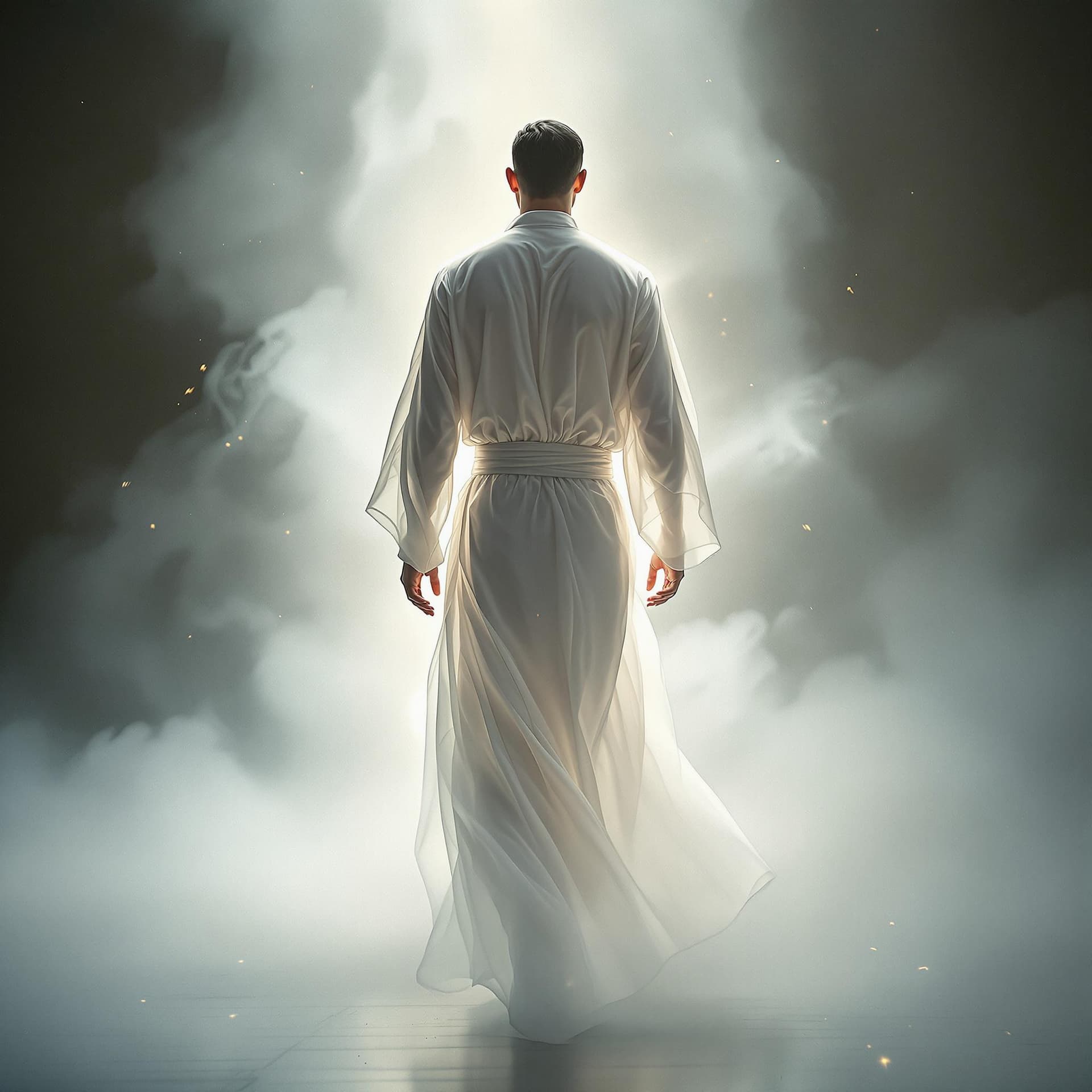 AI generated: A fine art, hyper-realistic, cinematic image of a man wearing a white long cotton robe with a sash n...