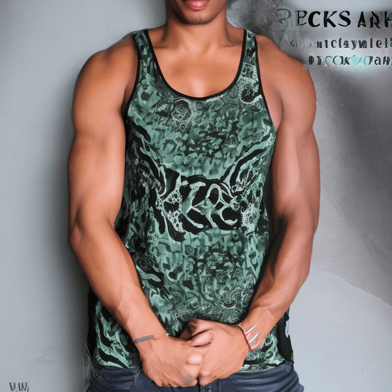 AI generated: super classy black tank top, attractive ampled explosive chest, 