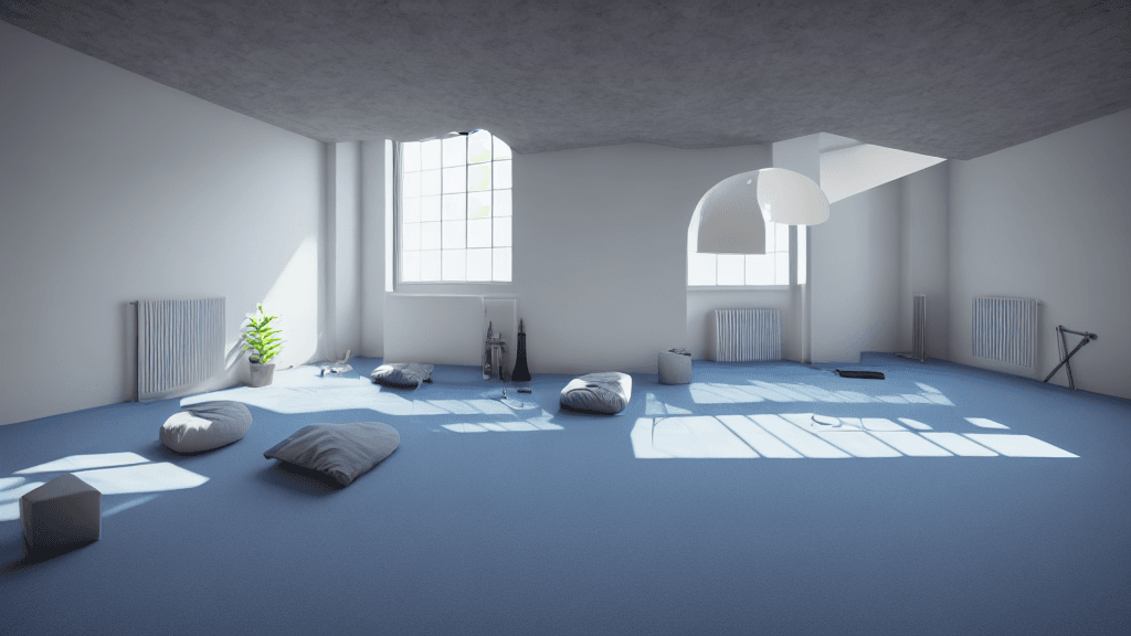AI generated: large bright room, gymnasium, ceiling without lighting fixtures, flat ceiling, flat ceiling, health ...