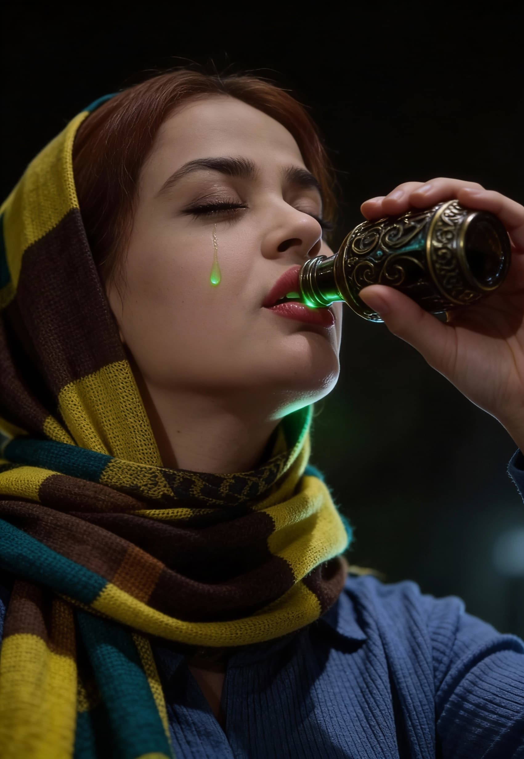 AI generated: A woman stands still in the dim light, her head tilted slightly as a small, ornate vial of poison is...