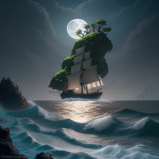 AI generated: sea dazzling detailed foamy waves, huge mossy rocks, full moon, unreal engine, detailed, digital pai...