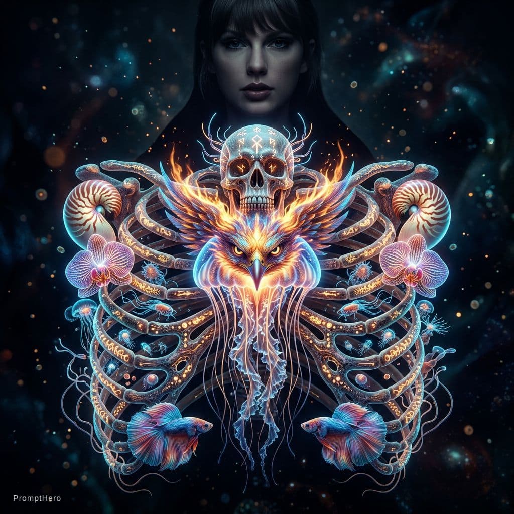 AI generated: The archer, Taylor Swift close-up portrait ribcagel. jellyfish phoenix head, nautilus, orchid, skull...