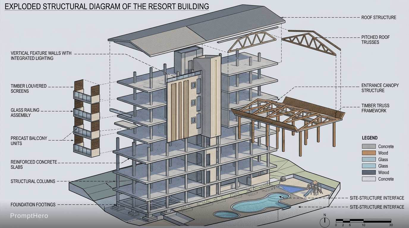 AI generated: Diagramatic drawing of the structure of the building--ar 1:2 --stylize 750 --v 7