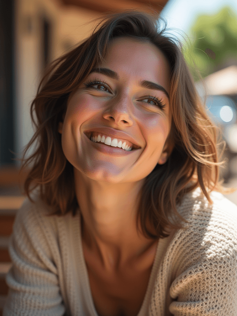 AI generated: A candid, natural moment capturing a woman laughing softly as she looks away from the camera, caught...