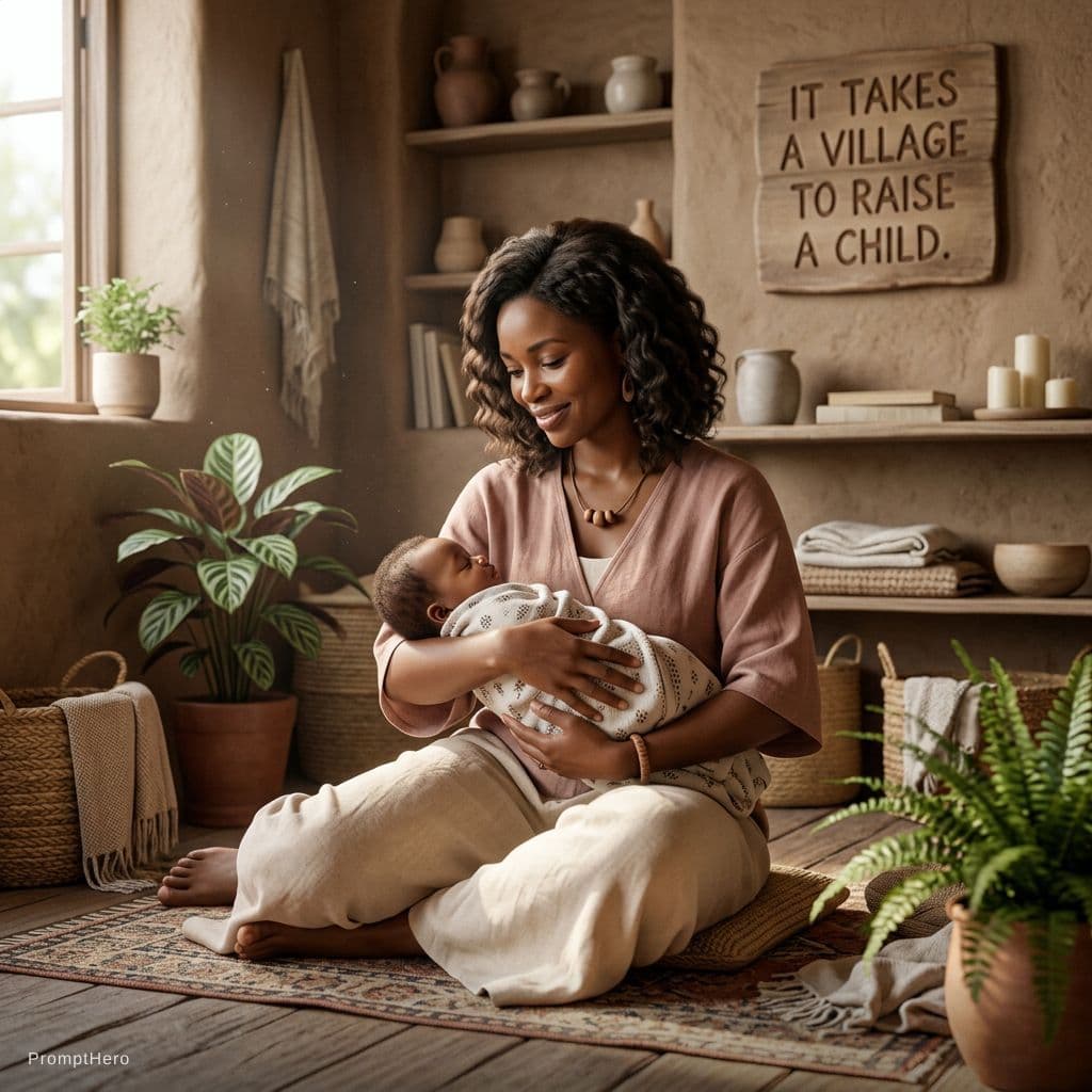 AI generated: image based on African Proverb with the text 'It takes a village to raise a child.'calm feminine gui...