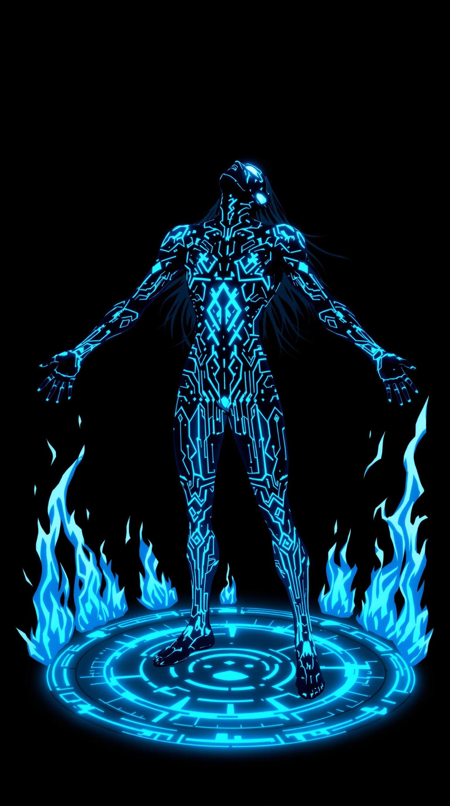 AI generated: Image is a digital illustration featuring a stylized, futuristic character with a glowing blue aesth...