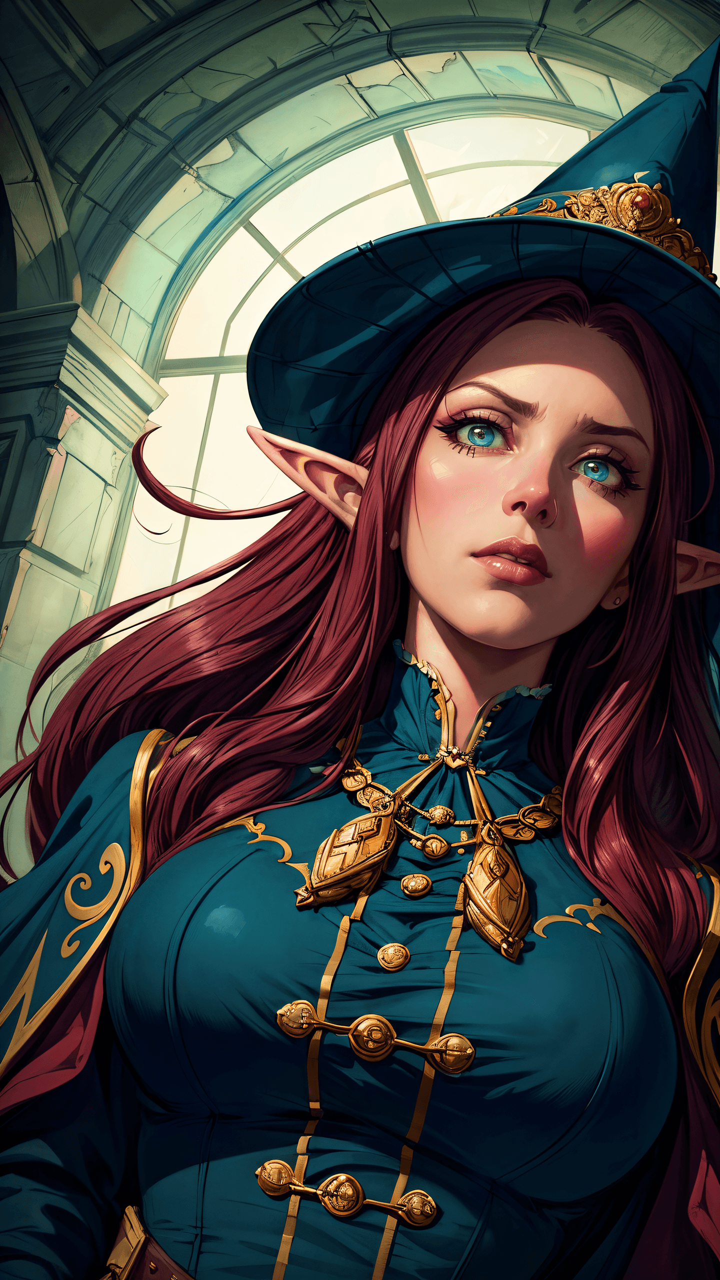 AI generated: (Masterpiece Illustration:1.2), Professional Portrait, 1 woman, female elf wizard in a palace, close...