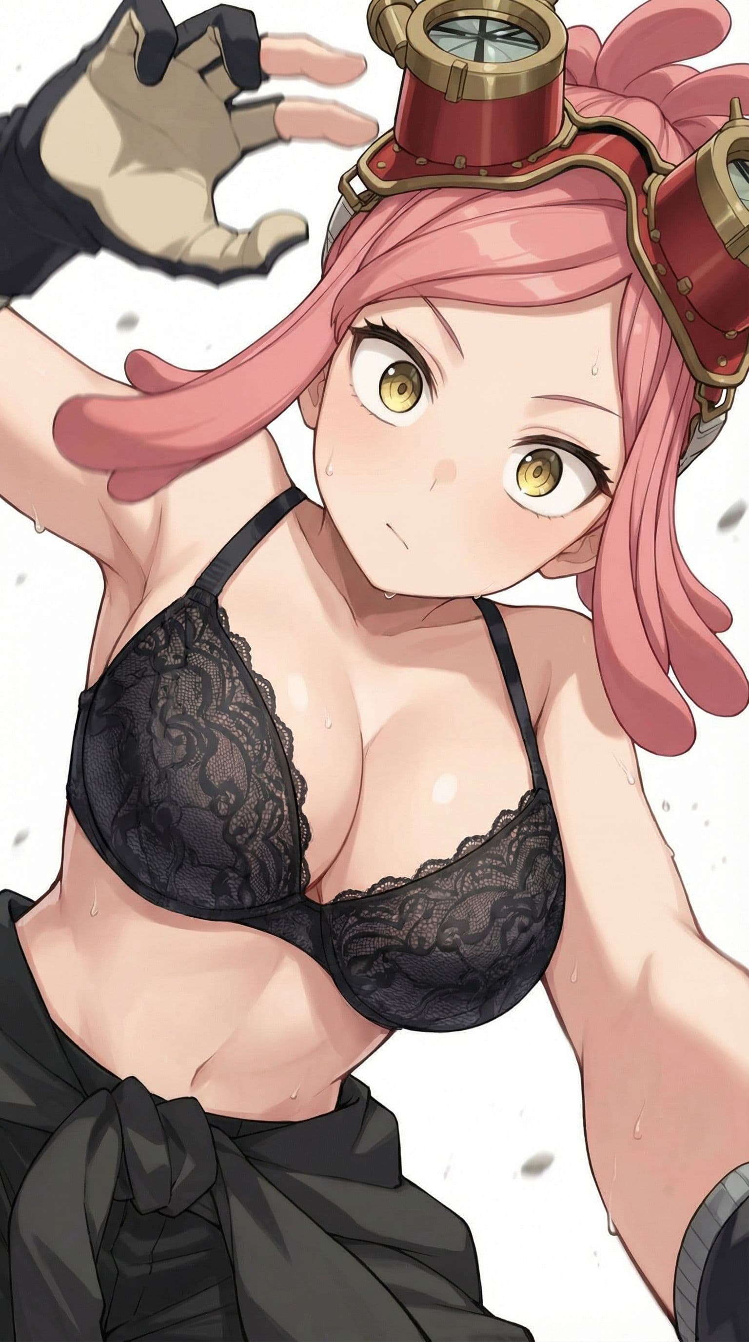AI generated: Take off her shirt and leave her wearing a black lace bra