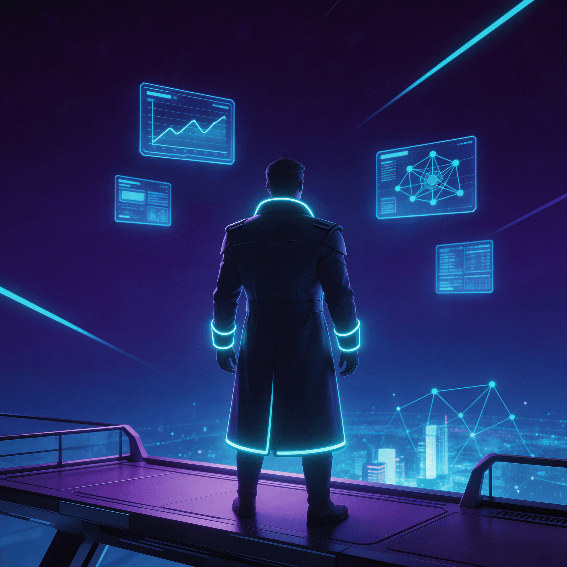 AI generated: futuristic commander figure seen from behind, standing on elevated observation 
deck, looking at vas...