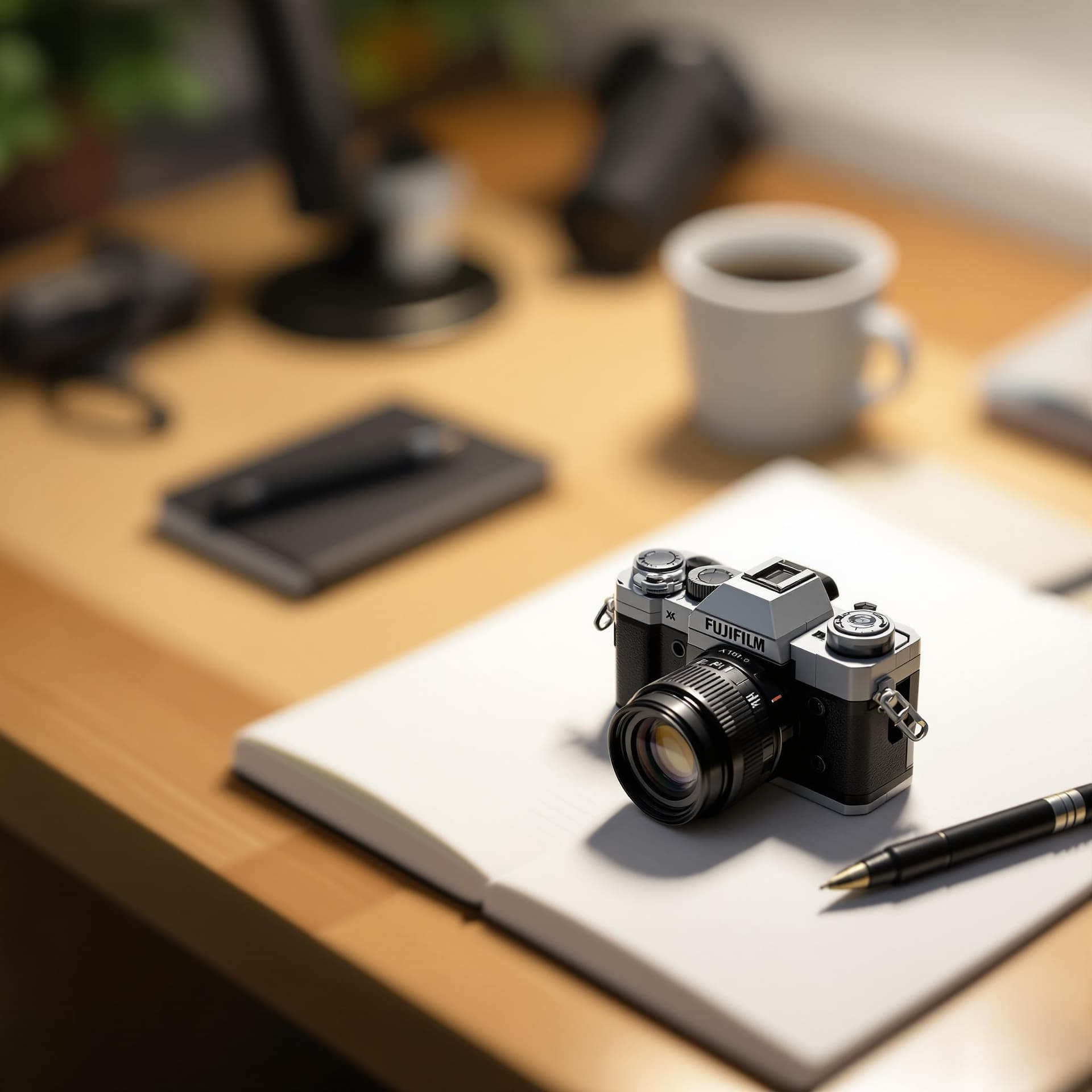 AI generated: Photo of a Lego diorama featuring a Fujifilm X100V camera on a photographer's desk. The camera, made...