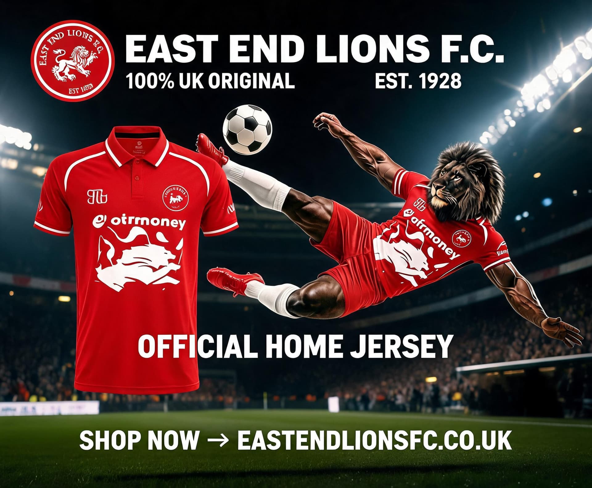 AI generated: 100% Original from the UK . East End Lions Jersey generate a promotional flyer for the jersey