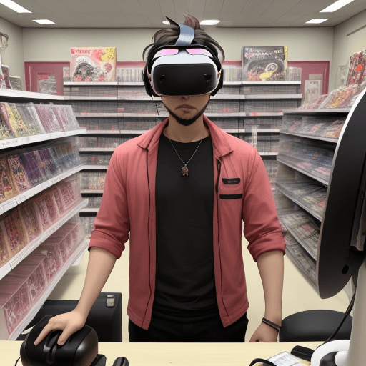 AI generated: male anime store owner with vr head set behind counter

.
