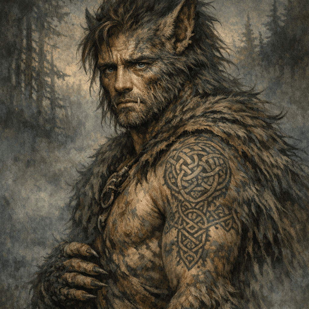 AI generated: Kenny in mid-transformation, wolf features emerging but still human eyes filled with 300 years of so...