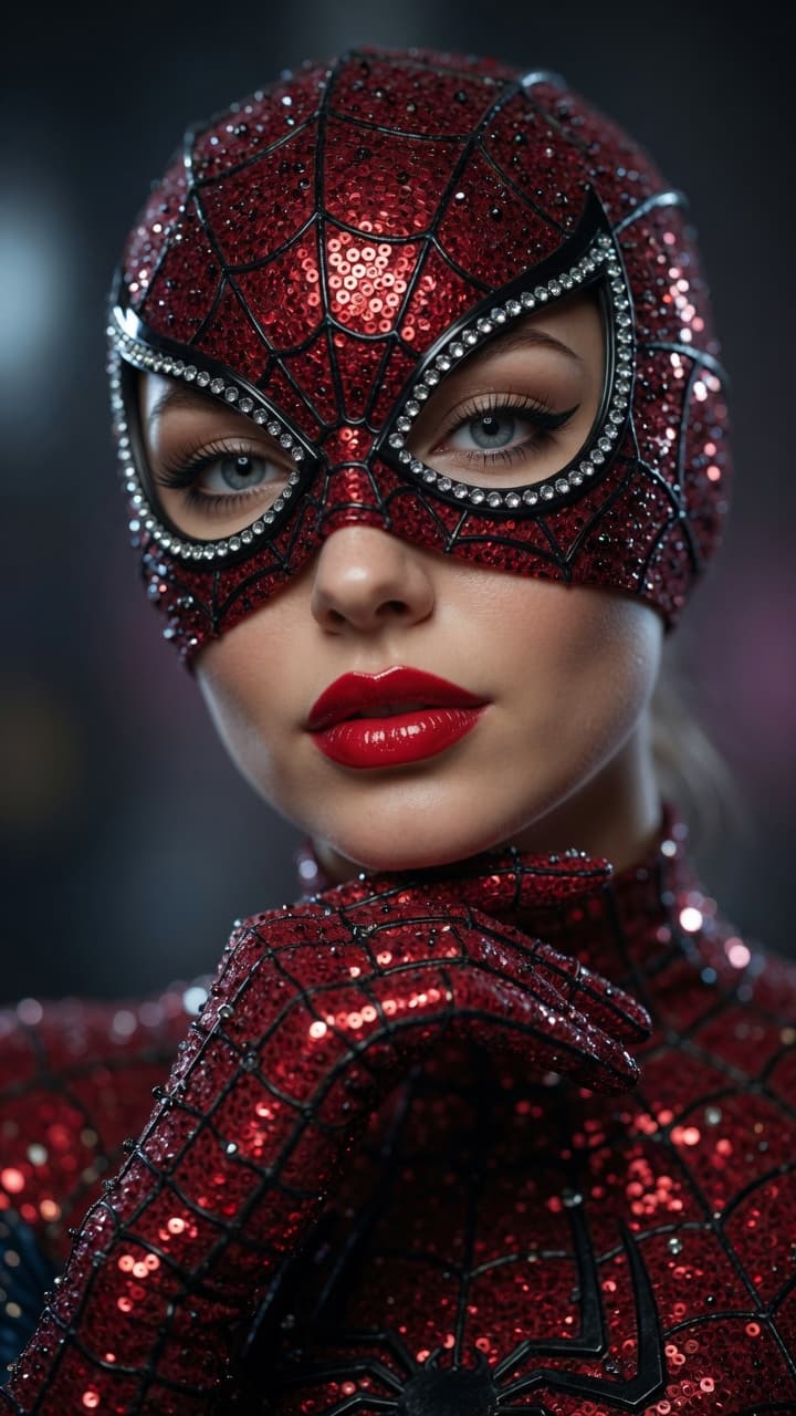AI generated: Ultra-realistic cinematic portrait of a beautiful woman wearing an intricate, high-fashion Spider-Ma...