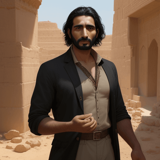 AI generated: new art : a 35 years old arabic man with black hair and archaeologist clothes. satara by johnny tayl...