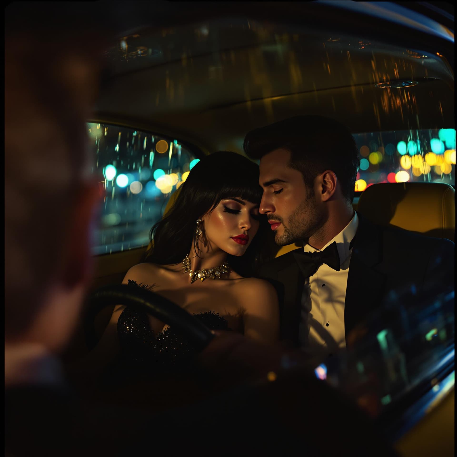 AI generated: Interior of a yellow cab at night. A Caucasian couple (Lilith and Jon) in the back seat. Lilith (in ...