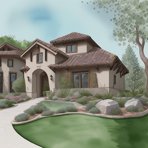 AI generated: precise hand rendering with a sketchy architectural style of a landscape design for a small tudor re...