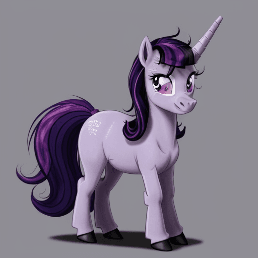 AI generated: Twilight Sparkle is a pony with a small and slender body. She has a coat color that is lavender, whi...