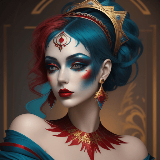 AI generated: beautiful red, blue and gold makeup on a woman, in the style of venetian scenes, hyperrealistic scul...