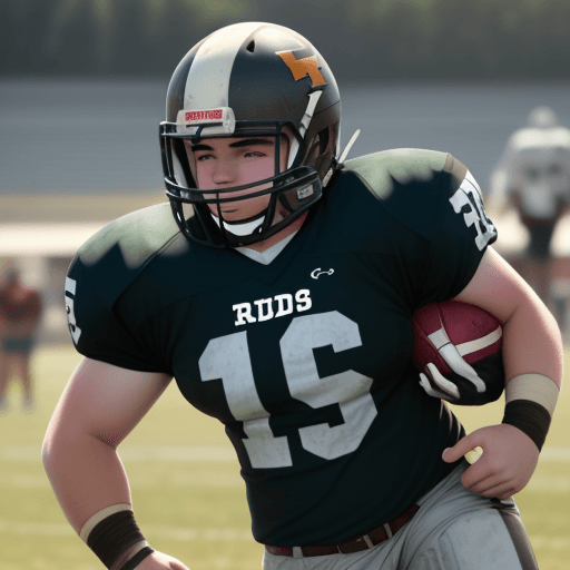 AI generated: Small town boy from Minnesota, fullback for the high school team the fulda raiders. 