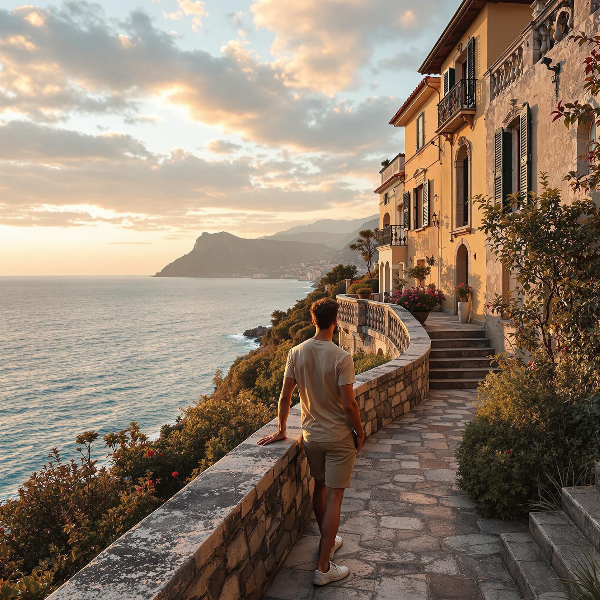 AI generated: Hyper realistic eye level exterior photo of a old italian picturesque style house overlooking the oc...