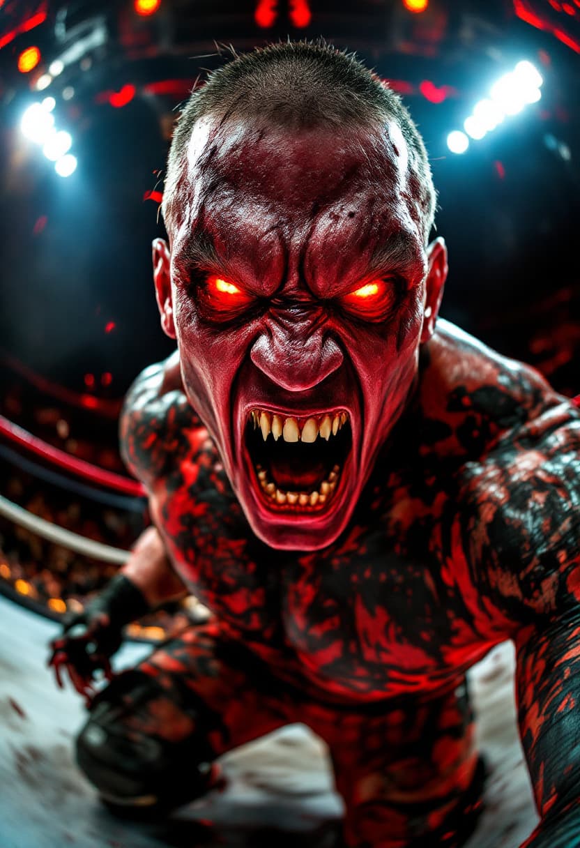 AI generated: WWE wrestler JOHN CENA in the ring looking evil with red eyes and angry, full body shot, fish eye ef...