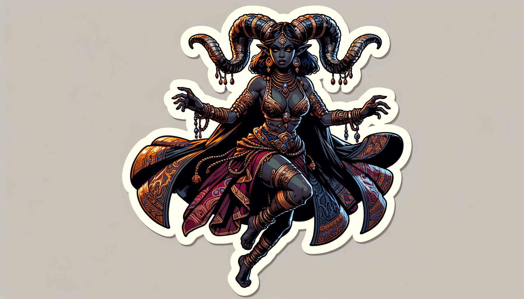 AI generated: style reflective sticker illustration, full body shot of a young full figured female horned villain,...