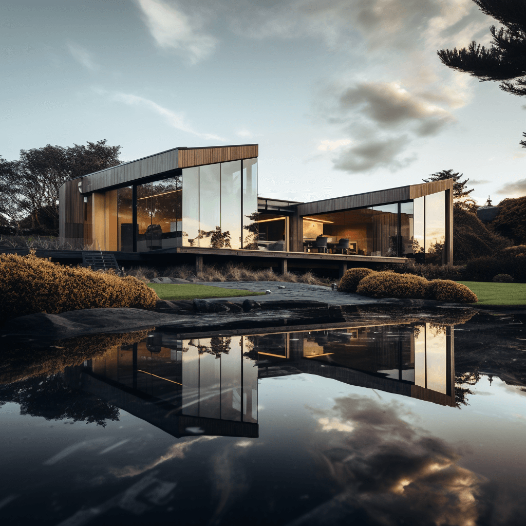 AI generated: lark architects reflect house in new zealand,sunny day, in the style of light reflections, happy atm...