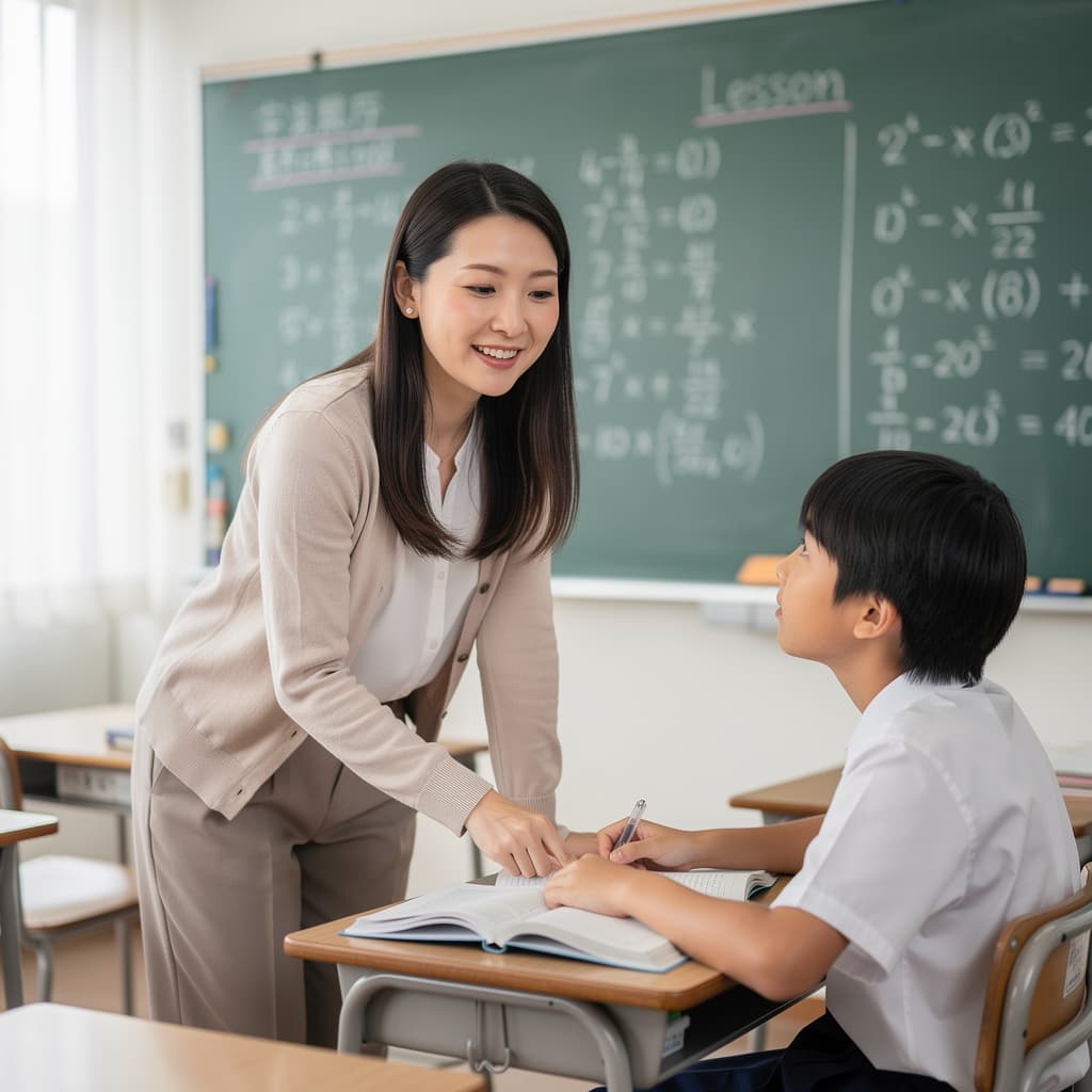 AI generated: A long-haired Japanese female teacher is in a classroom, with a blackboard behind her and facing the...