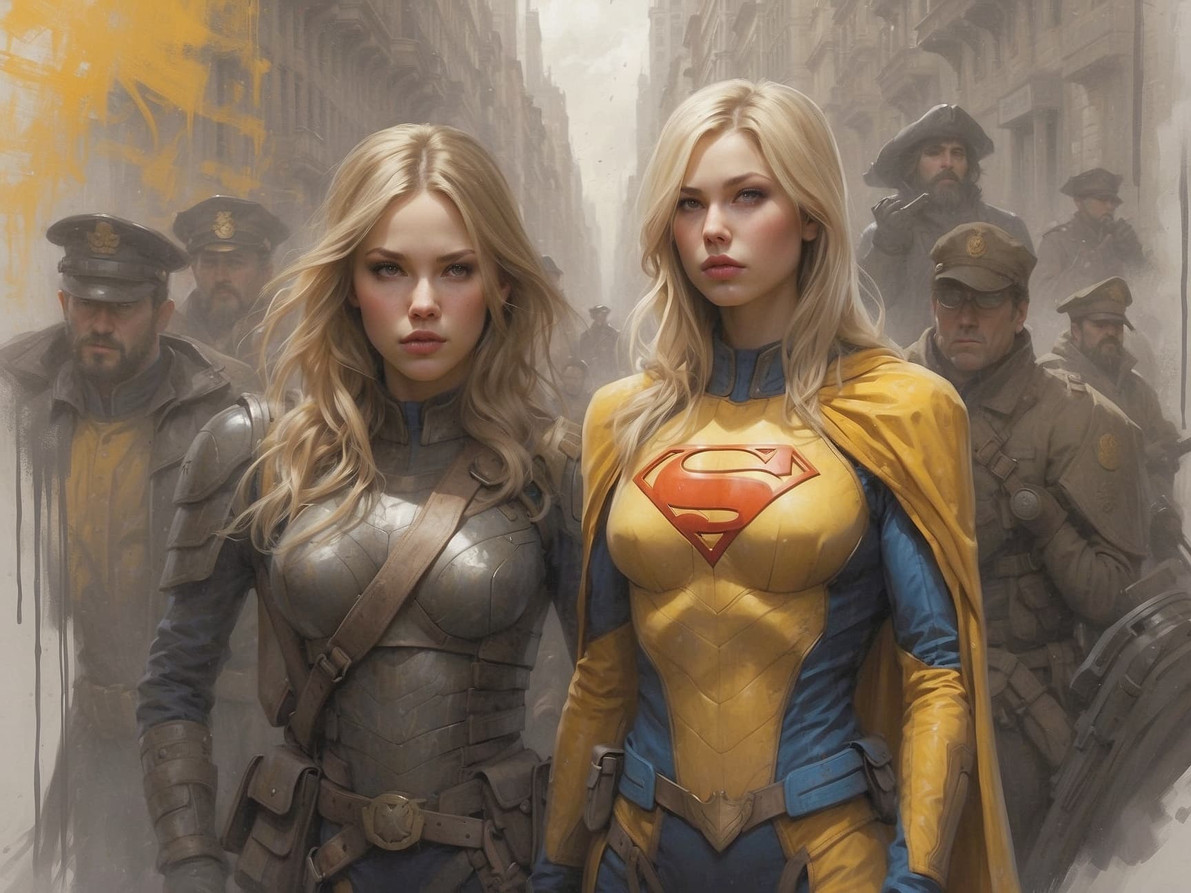 AI generated: a masterpiece, batgirl/supergirl from dc comic wearing alternate yellow costume, coy and alluring, f...